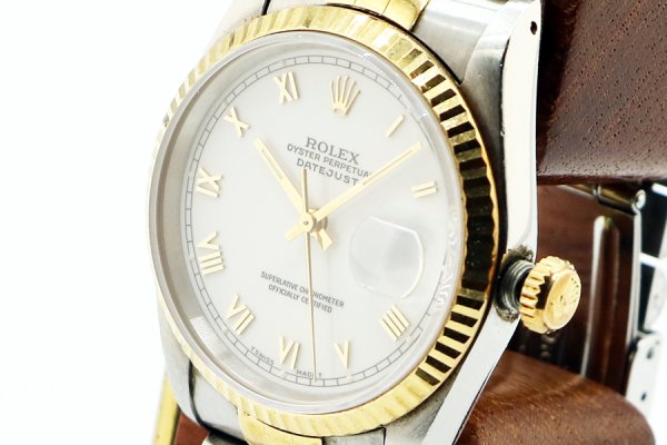 ロレックス　デイトジャスト　１６２３３　金ローマン白文字盤　Ｓ盤（９３年）　サイド拡大