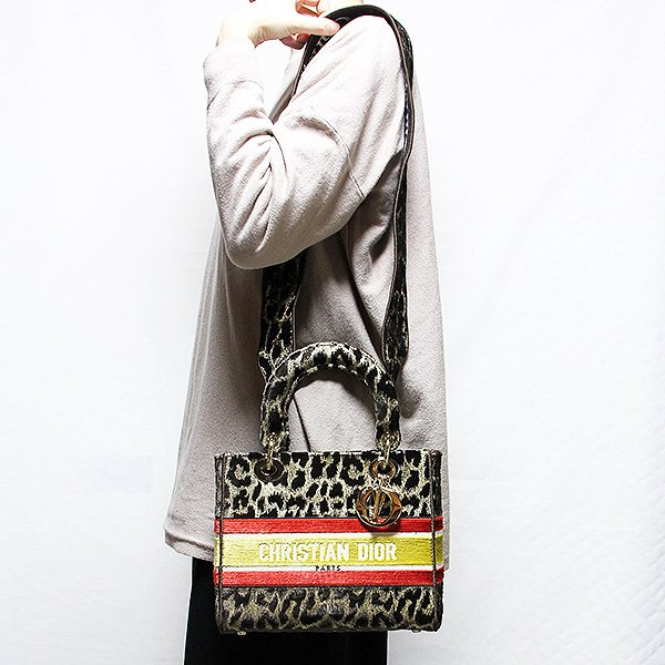 クリスチャンディオール　レディディーライト　ミディアム　レオパード柄　ブラウン／レッド／イエロー　掛けたイメージ