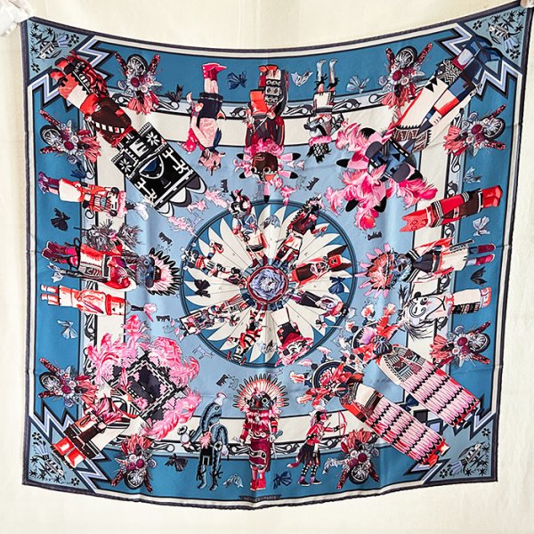 エルメス　KACHINAS カレ ウォッシュ90 071823S RD/BLEU JEAN/ROSE VIF