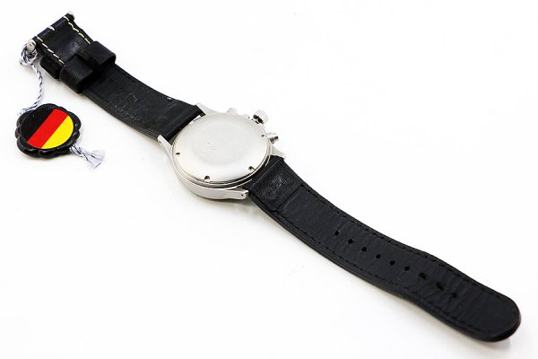 ジン　３５６　ユーロフリーガーII　黒文字盤  黄色針　革ベルト状態　裏面