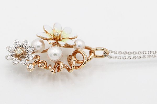 ミキモト　K18WG/PG エナメル パール ダイアイリペンダントネックレス 8.80g　サイド