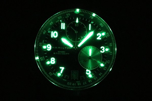 ハミルトン　カーキＥＴＯ　クロノグラフ　Ｈ７７６１２１　黒文字盤　ライト暗闇