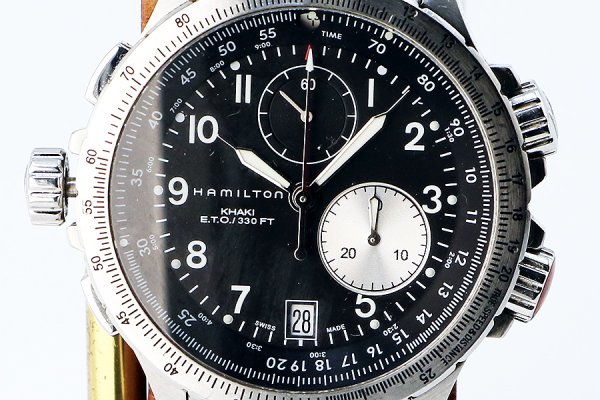 ハミルトン　カーキＥＴＯ　クロノグラフ　Ｈ７７６１２１　黒文字盤　表面拡大