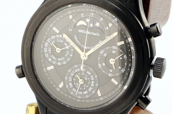 シェルマン　グランドコンプリケーションブラック　黒文字盤　金色ムーンフェイス　表面拡大