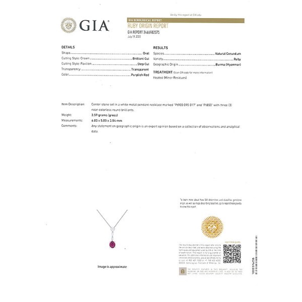 PT850/900 ルビーダイアイリペンダントネックレス 0.95ct 0.17ct 3.60g　GIA鑑定書