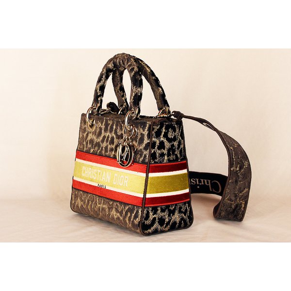 クリスチャンディオール　レディディーライト　ミディアム　レオパード柄　ブラウン／レッド／イエロー　サイド
