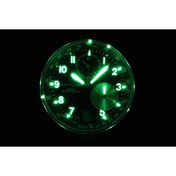 ハミルトン　カーキＥＴＯ　クロノグラフ　Ｈ７７６１２１　黒文字盤　ライト暗闇
